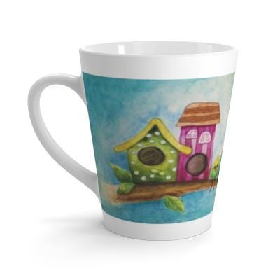 Colorful Birdhouse Latte Mug, 12oz Ceramic Mug, Bright Coffee Cup Gift for Bird Lovers and Nature Fans, Gift for Coffee or Tea Lovers