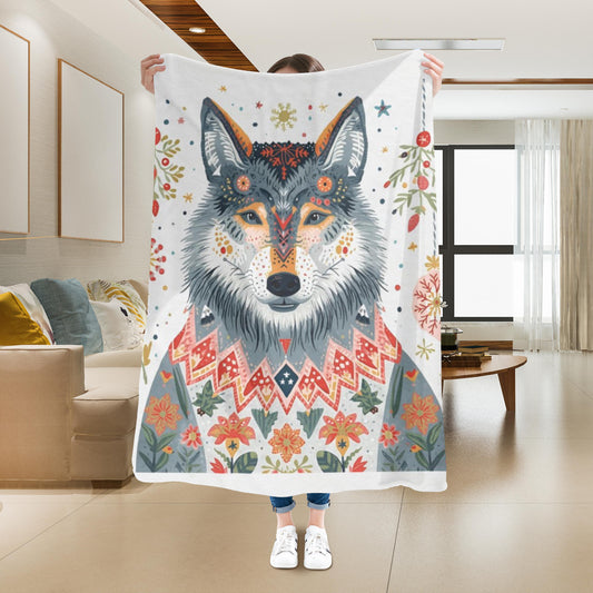 Whimsical Holiday Wolf Sherpa Fleece Blanket | Cozy Winter Throw | Soft Plush Christmas Blanket| Cute Wolf in Sweater | Festive Home Decor