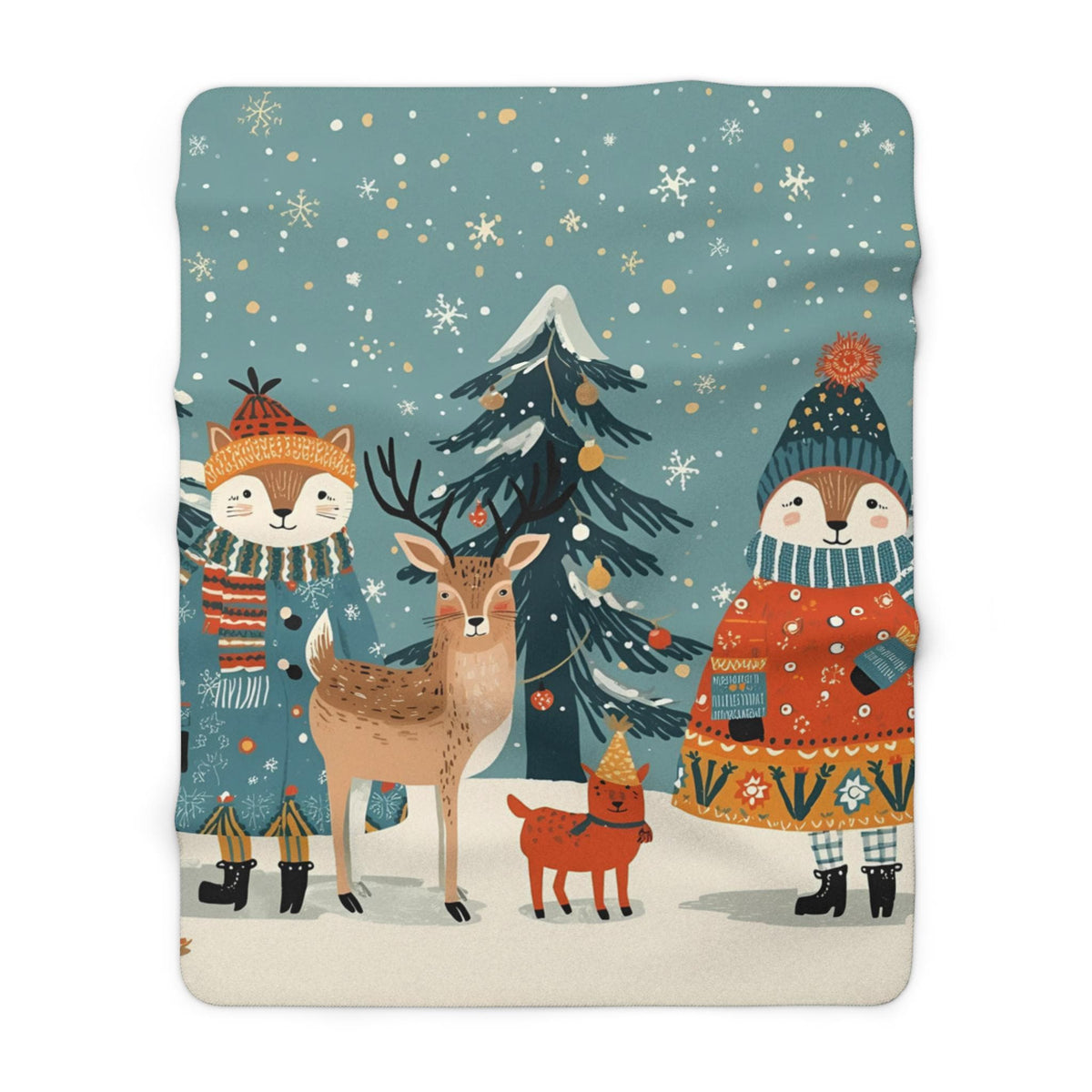 Whimsical Winter Animals Sherpa Fleece Blanket | Cozy Snowy Scene Throw | Cute Animals in Sweaters | Soft Plush Blanket Gift