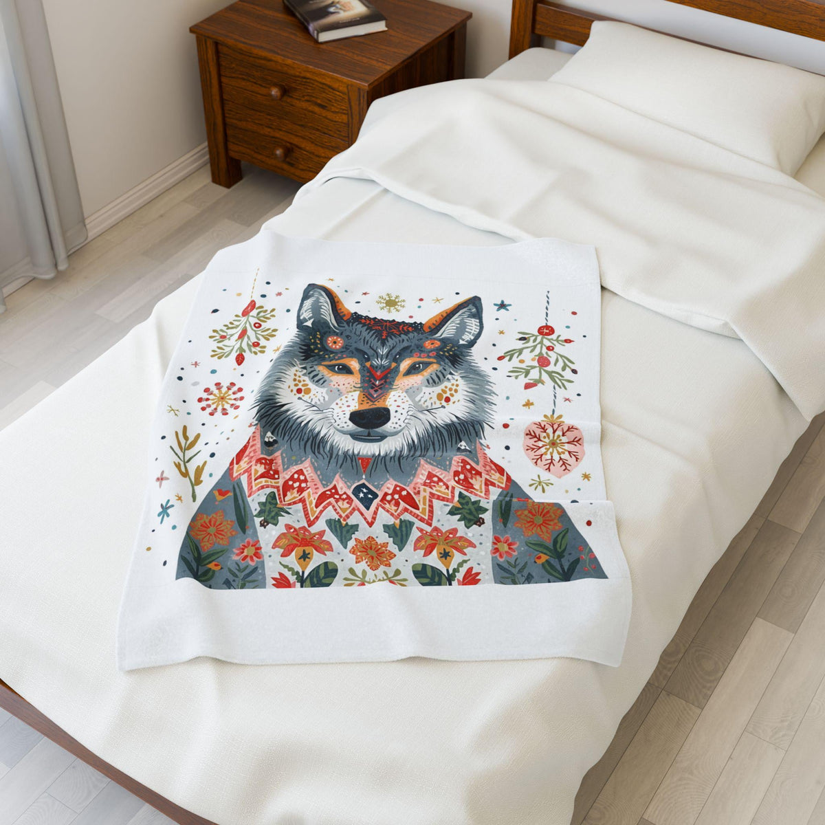 Whimsical Holiday Wolf Sherpa Fleece Blanket | Cozy Winter Throw | Soft Plush Christmas Blanket| Cute Wolf in Sweater | Festive Home Decor