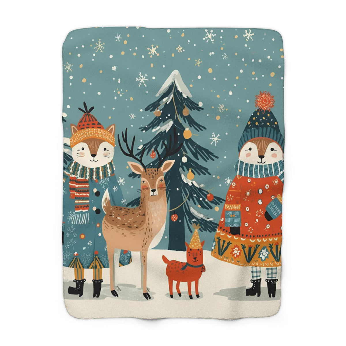 Whimsical Winter Animals Sherpa Fleece Blanket | Cozy Snowy Scene Throw | Cute Animals in Sweaters | Soft Plush Blanket Gift