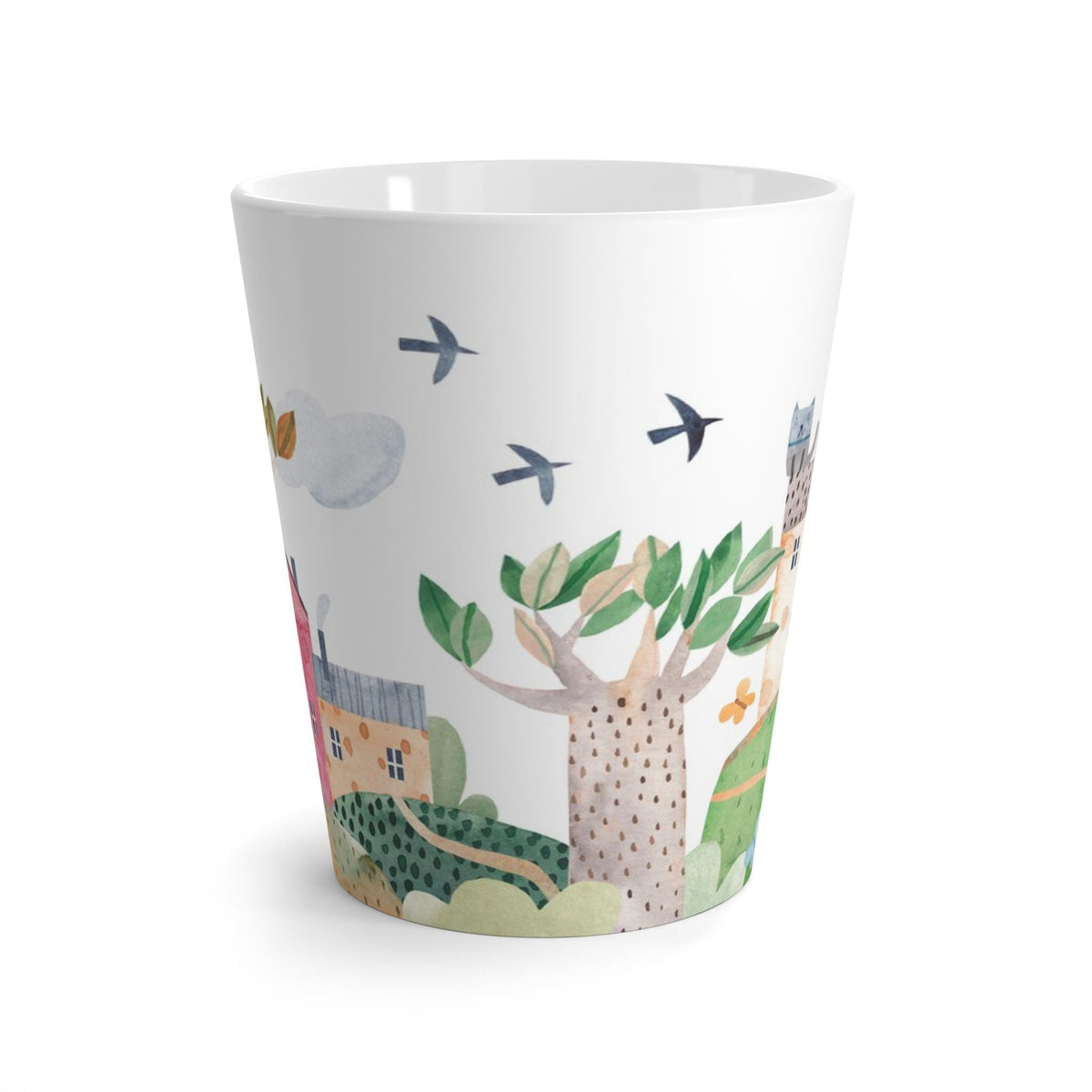 Whimsical Latte Mug with Scenic Village Design, Artistic Coffee and Tea Cup, Cozy Home Décor,  Peaceful Neighborhood Scene
