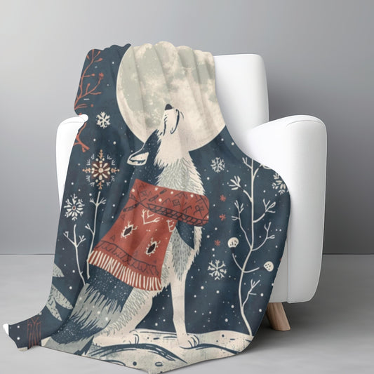 Whimsical Wolf Howling at the Moon Sherpa Fleece Blanket | Cozy Winter Throw | Soft Plush Blanket | Wolf Decor | Night Sky Design