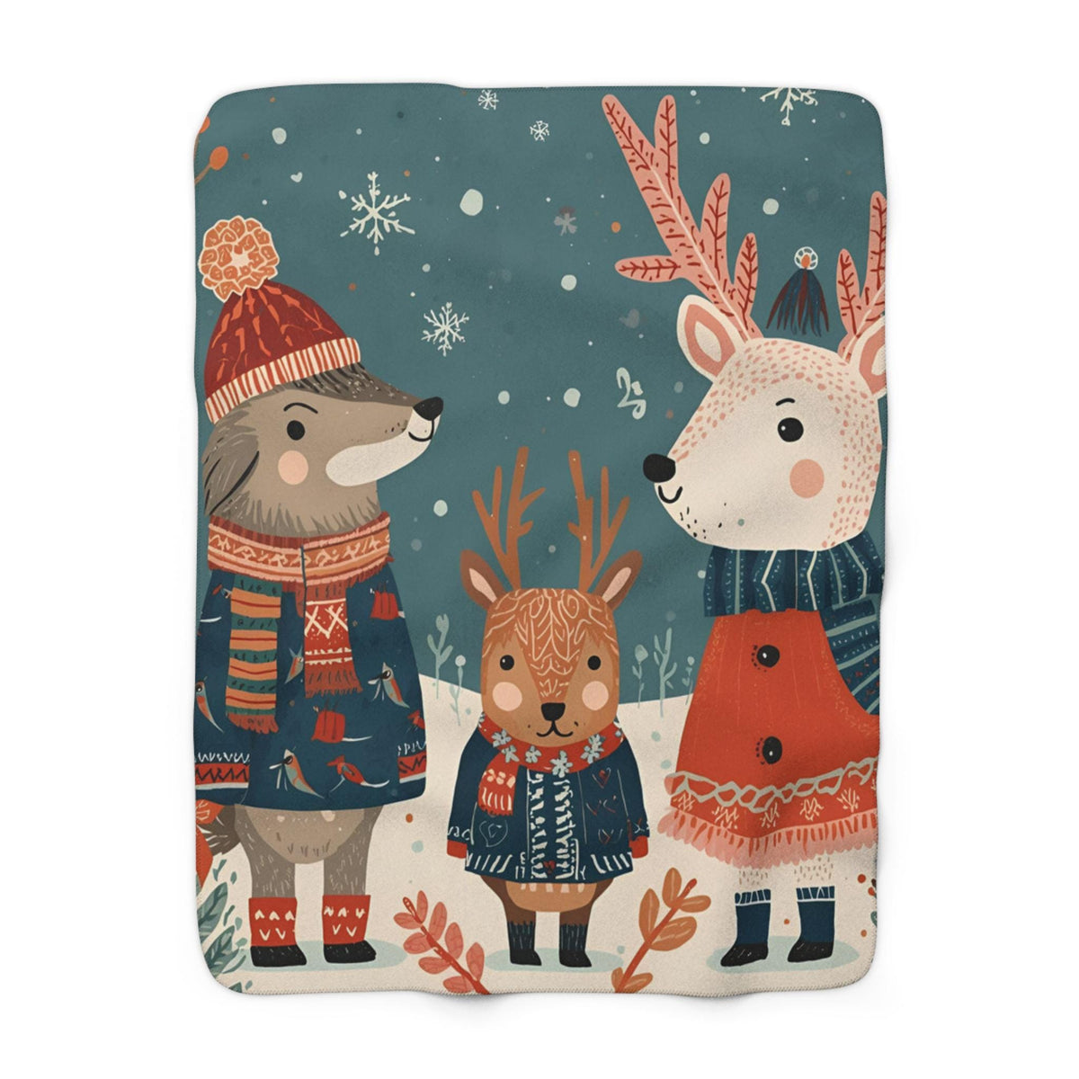 Whimsical Winter Animals Sherpa Fleece Blanket | Cozy Snow Scene Throw | Cute Dog Squirrel & Deer | Soft Plush Blanket