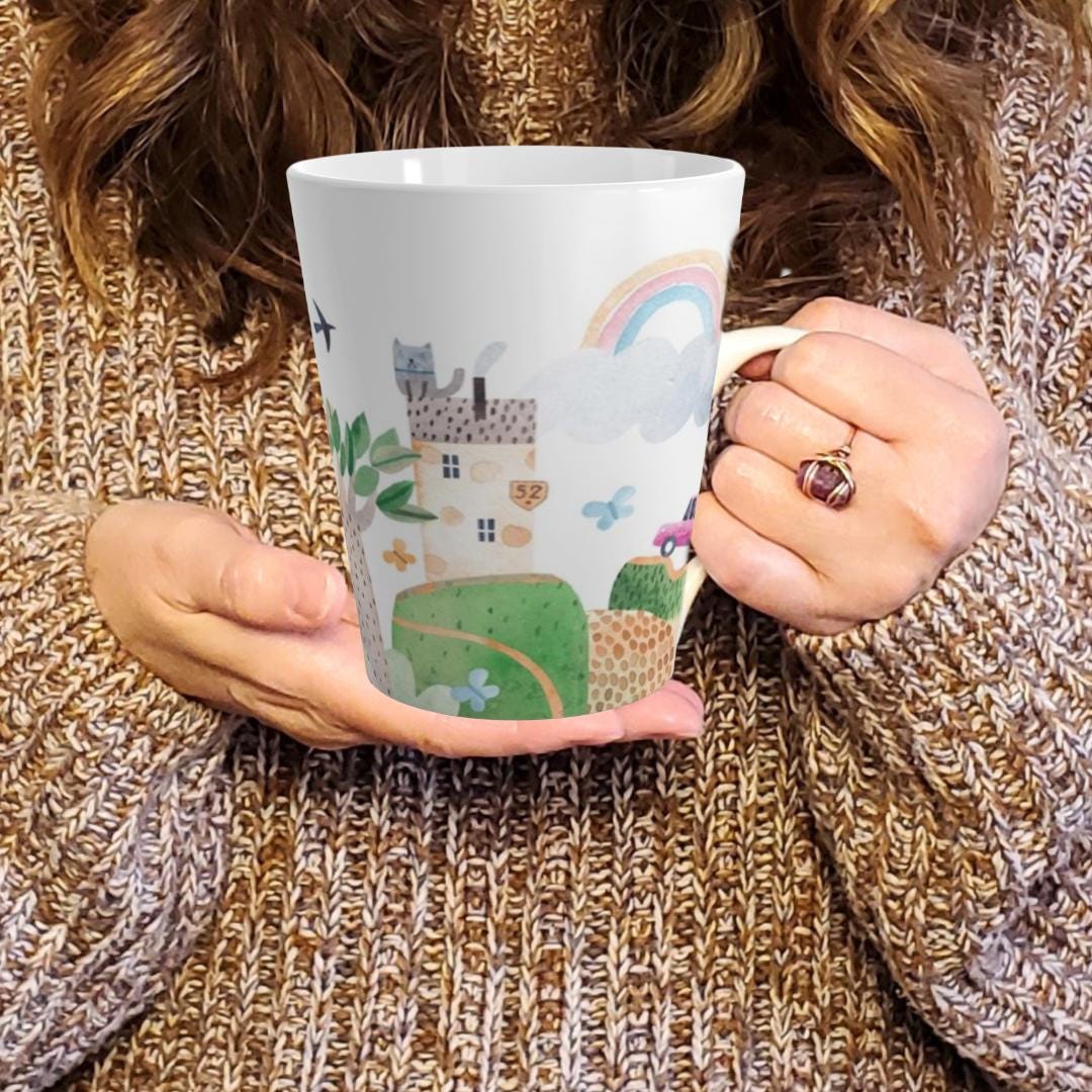 Whimsical Latte Mug with Scenic Village Design, Artistic Coffee and Tea Cup, Cozy Home Décor,  Peaceful Neighborhood Scene