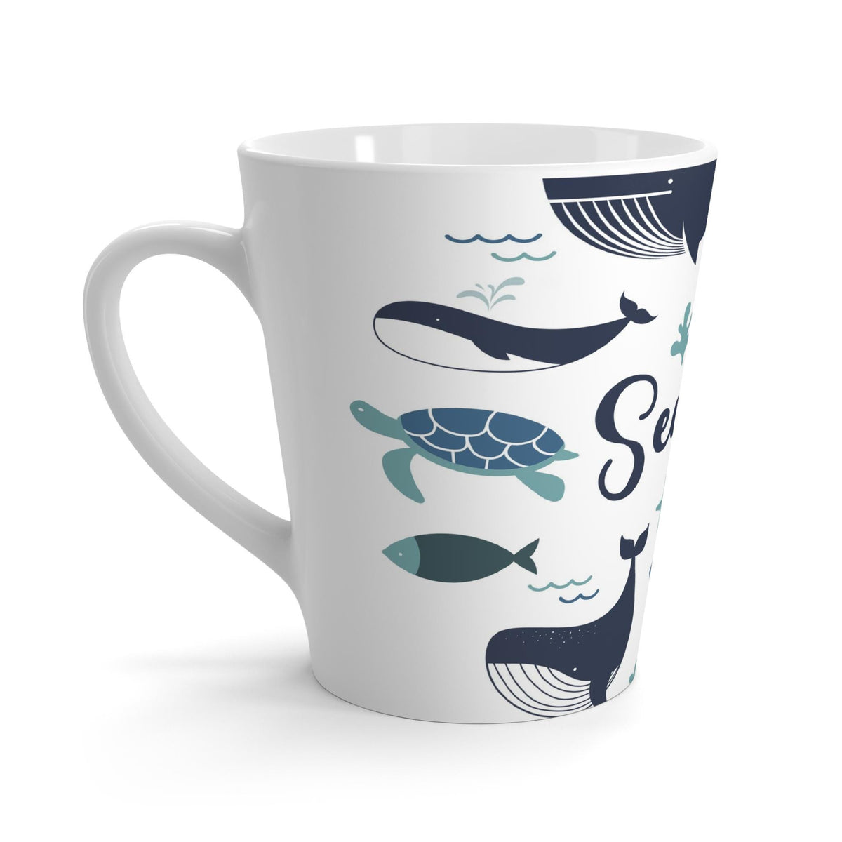 Ocean Life Latte Mug, Whale Coffee Cup, Sea Animal Ceramic Drinkware, Nautical Tea Mug, Beach Theme Cup