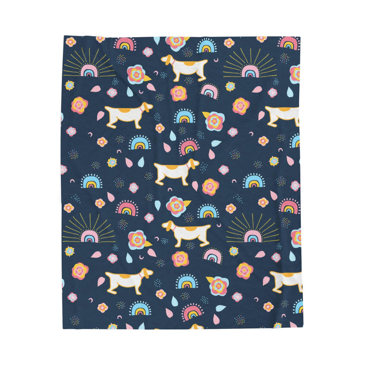 Whimsical Dog & Rainbow Velveteen Plush Blanket | Colorful Navy Blue Throw | Playful Home Decor | Warm Fleece