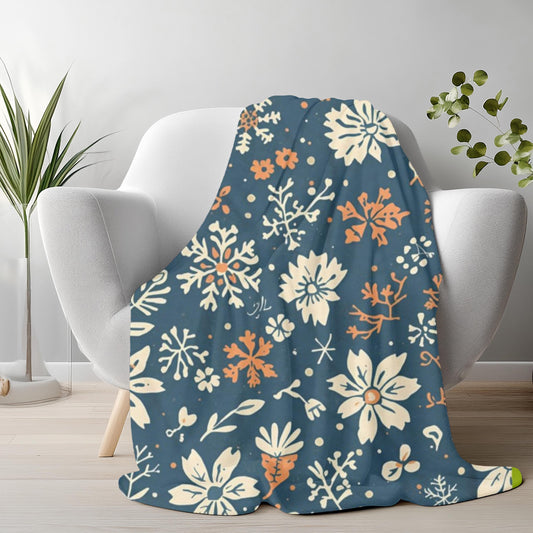 Navy Blue Snowflake Floral Velveteen Plush Blanket | Burnt Orange & Cream Winter Throw | Soft Cozy Blanket Gift Elegant Hygge Home Decor