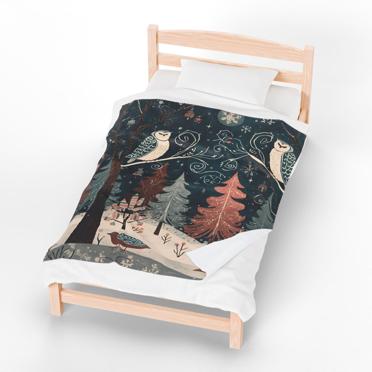 Whimsical Winter Owl Forest Velveteen Plush Blanket | Cozy Woodland Throw | Soft Plush Blanket Gift | Snowy Owl and Pine Tree Decor