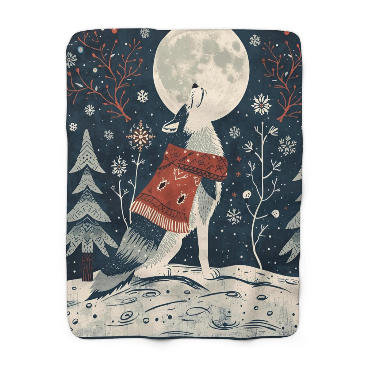 Whimsical Wolf Howling at the Moon Sherpa Fleece Blanket | Cozy Winter Throw | Soft Plush Blanket | Wolf Decor | Night Sky Design