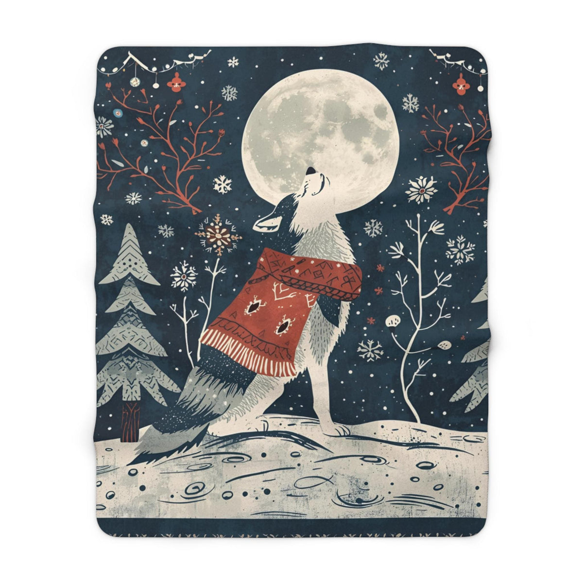 Whimsical Wolf Howling at the Moon Sherpa Fleece Blanket | Cozy Winter Throw | Soft Plush Blanket | Wolf Decor | Night Sky Design