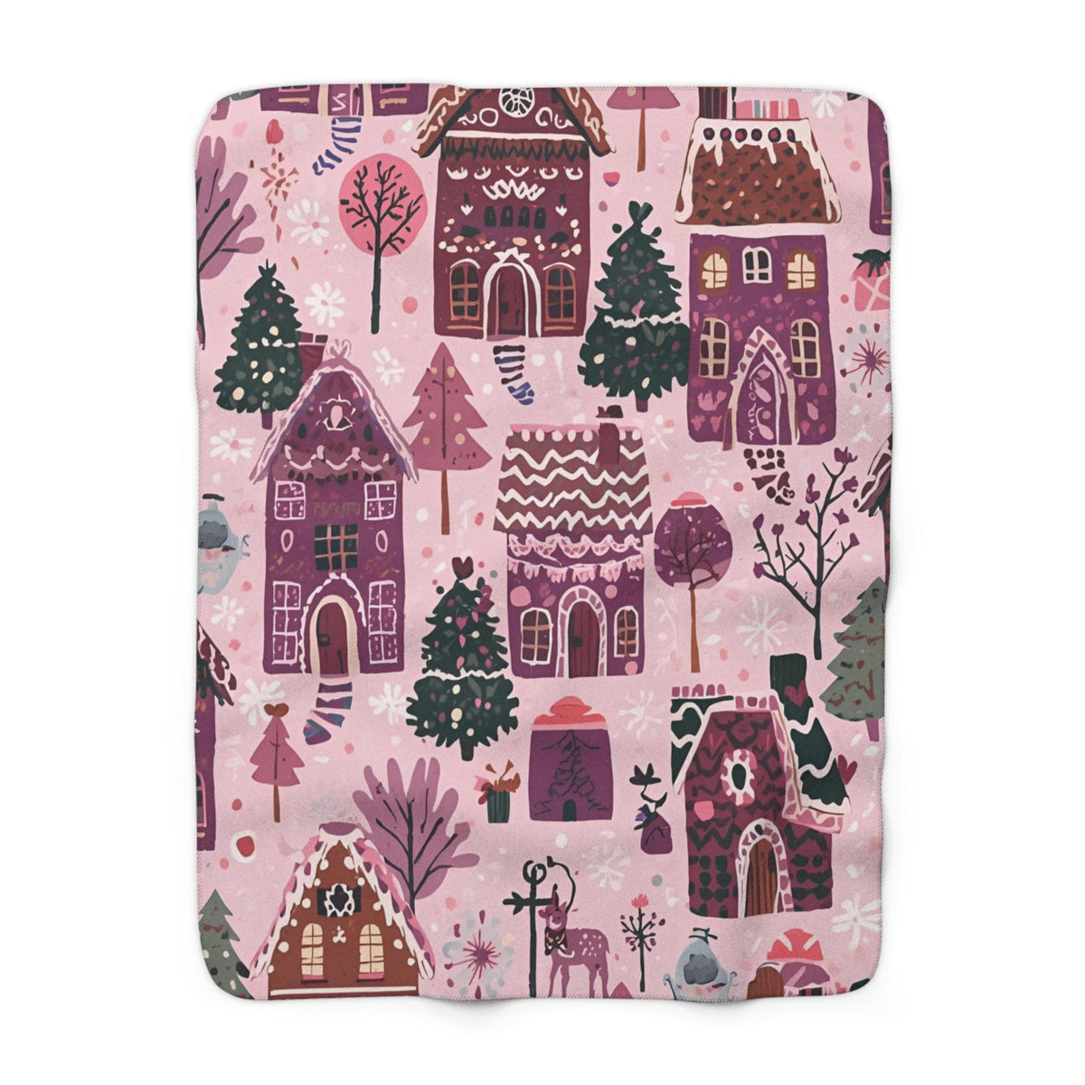 Whimsical Pink Gingerbread House Sherpa Fleece Blanket | Cozy Christmas Throw | Soft Plush Blanket Gift | Sweet Holiday Decor