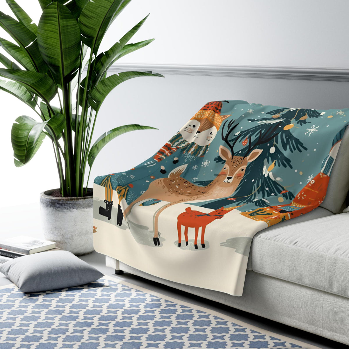 Whimsical Winter Animals Sherpa Fleece Blanket | Cozy Snowy Scene Throw | Cute Animals in Sweaters | Soft Plush Blanket Gift