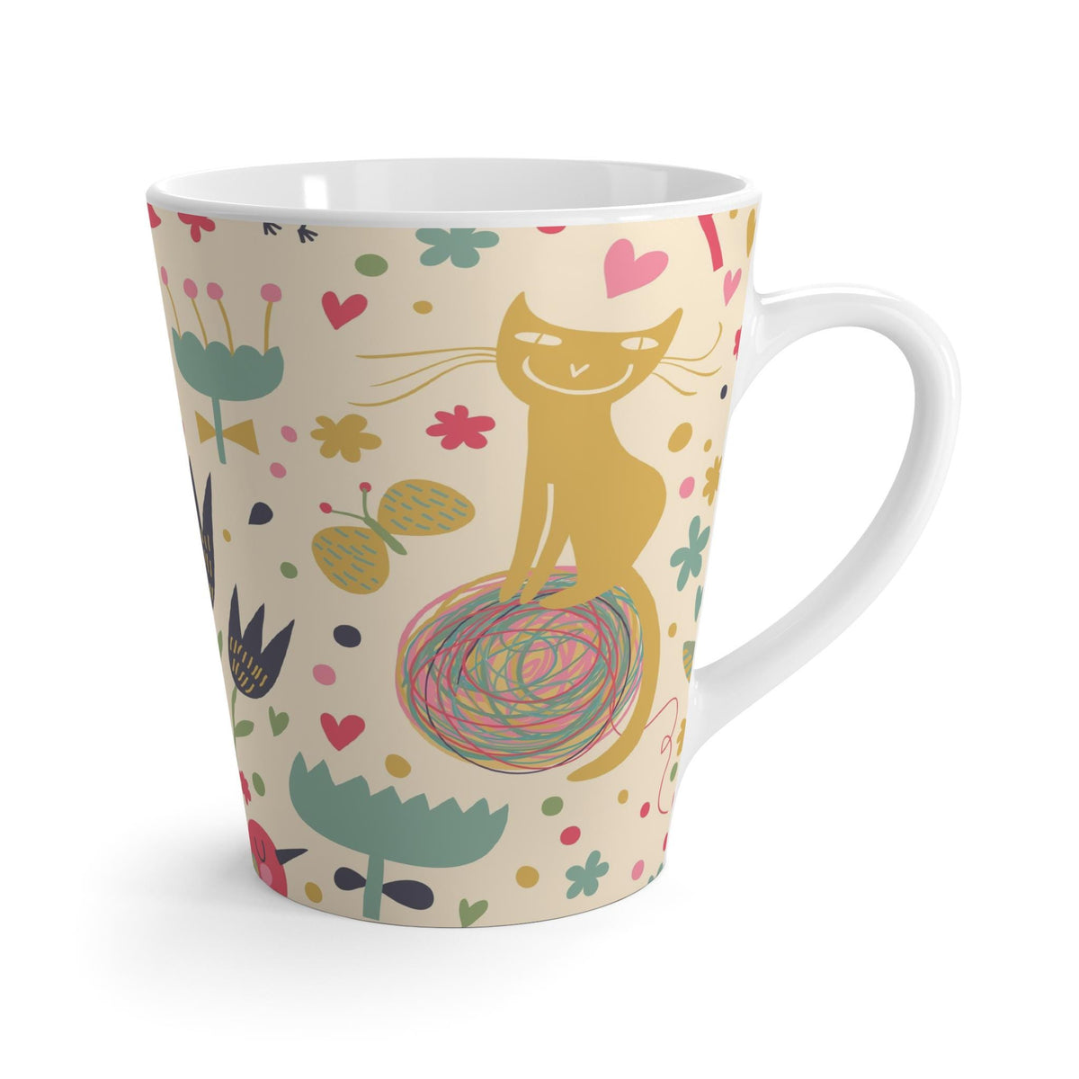 Whimsical Cat Garden Latte Mug - 12oz Colorful Ceramic Mug, Mug for Tea and Coffee Lovers, Orange Cat with Butterflies Mug, Cat Lovers Mug