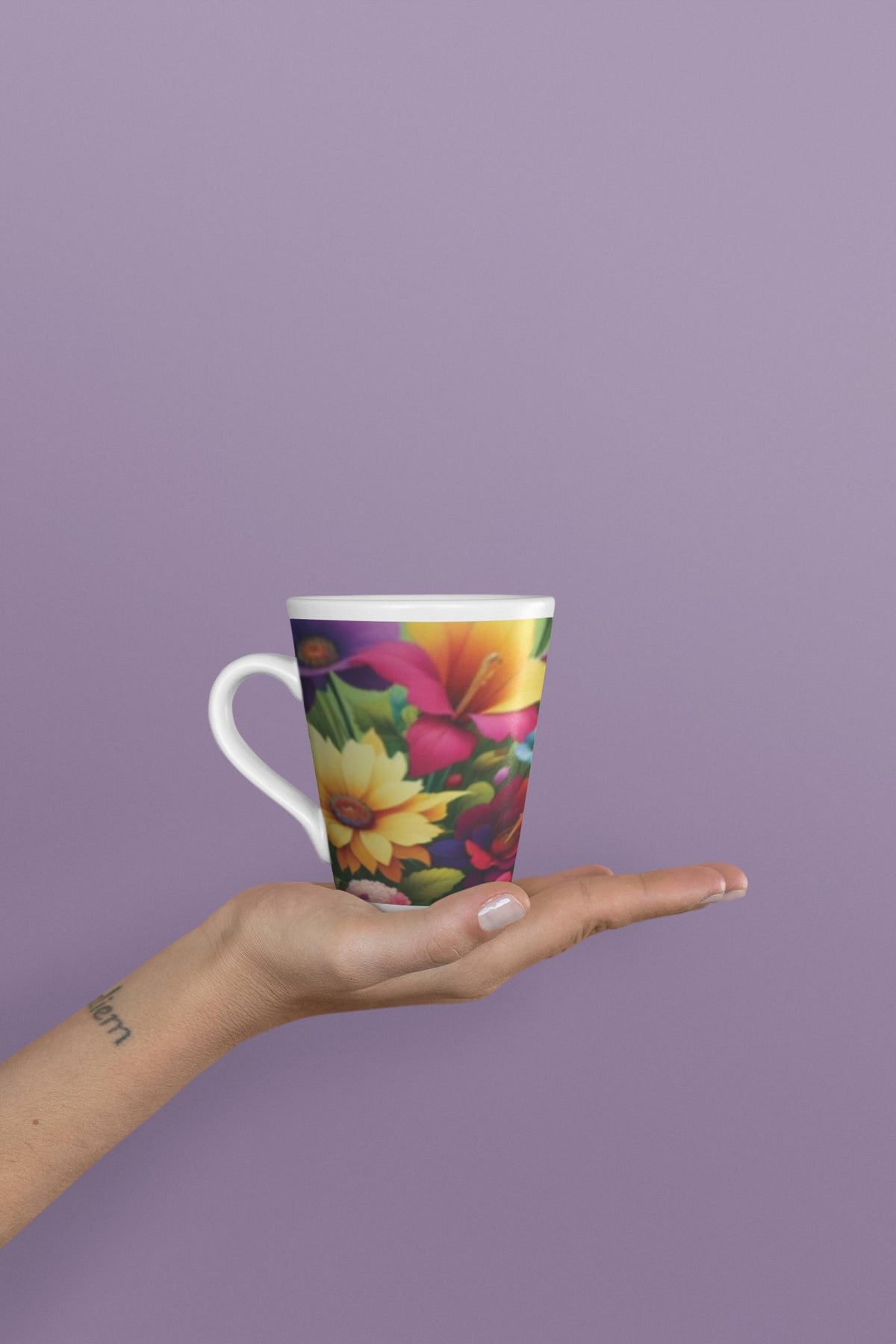 Floral Latte Mug, Bright Colorful 12 oz Coffee Cup with Pink, Yellow, Gift for Flower Lovers, Gift for Coffee Lovers, 12 oz Mug