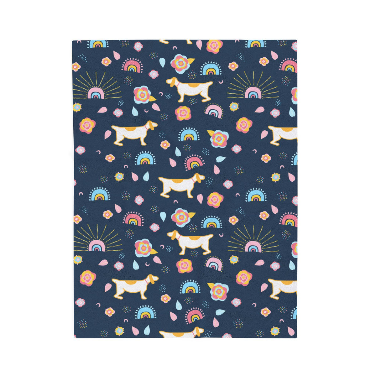 Whimsical Dog & Rainbow Velveteen Plush Blanket | Colorful Navy Blue Throw | Playful Home Decor | Warm Fleece