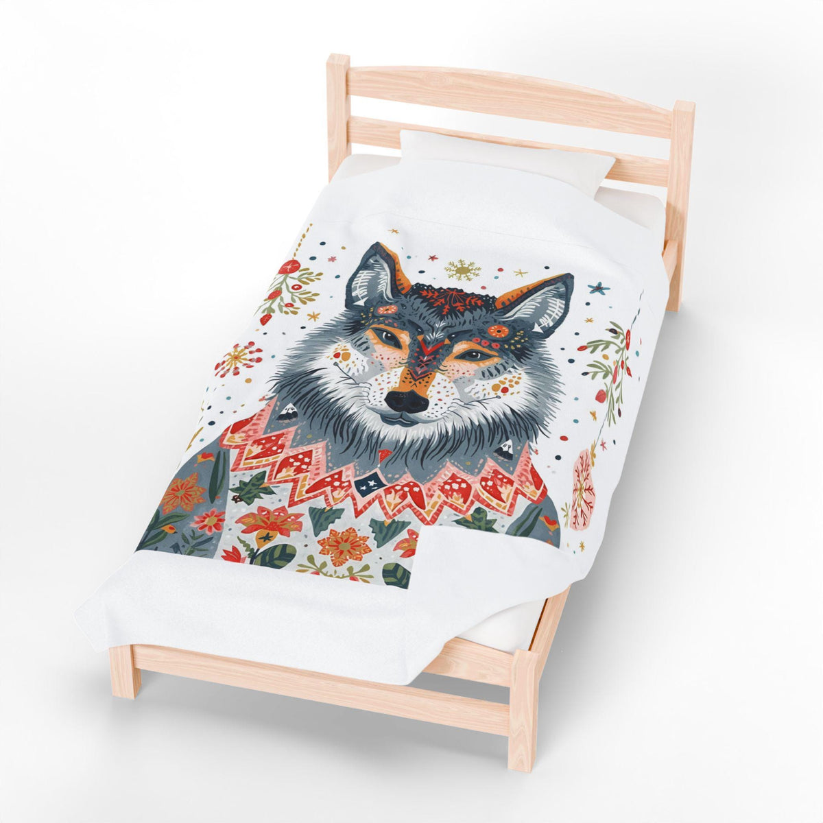 Whimsical Holiday Wolf Sherpa Fleece Blanket | Cozy Winter Throw | Soft Plush Christmas Blanket| Cute Wolf in Sweater | Festive Home Decor