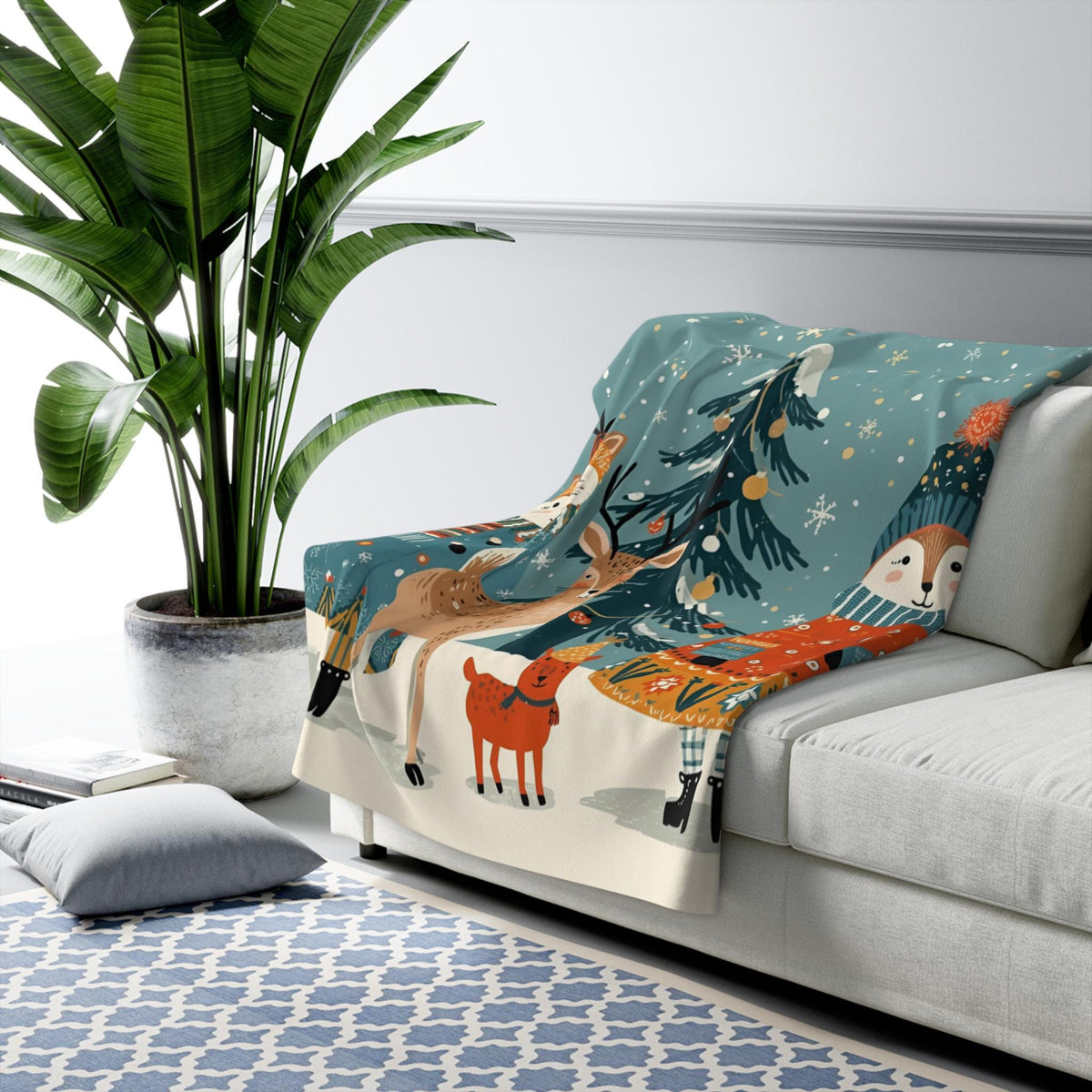 Whimsical Winter Animals Sherpa Fleece Blanket | Cozy Snowy Scene Throw | Cute Animals in Sweaters | Soft Plush Blanket Gift