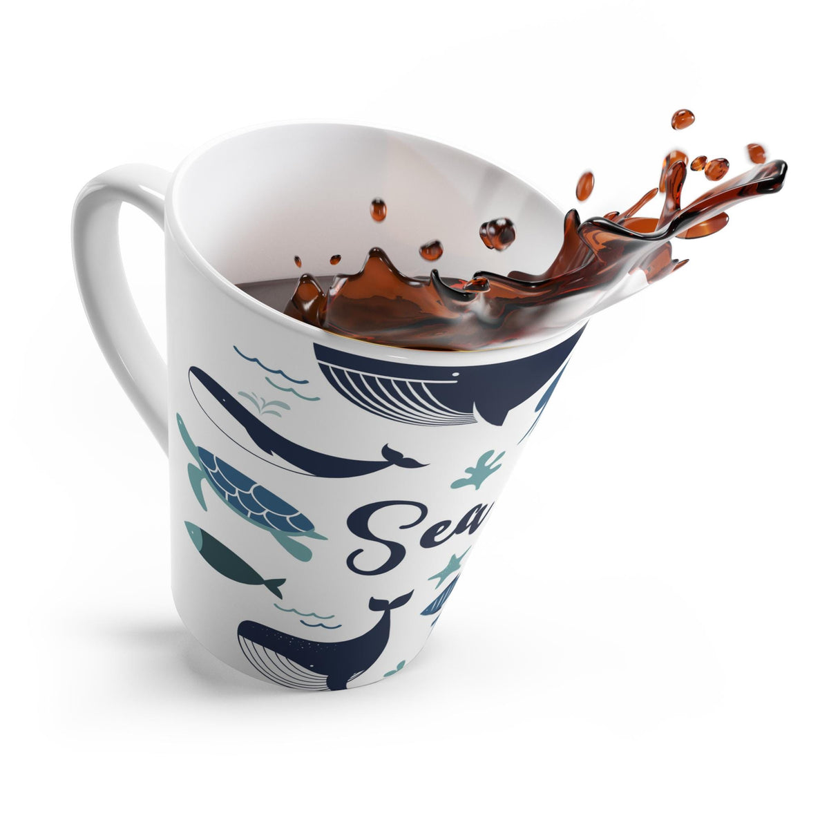 Ocean Life Latte Mug, Whale Coffee Cup, Sea Animal Ceramic Drinkware, Nautical Tea Mug, Beach Theme Cup