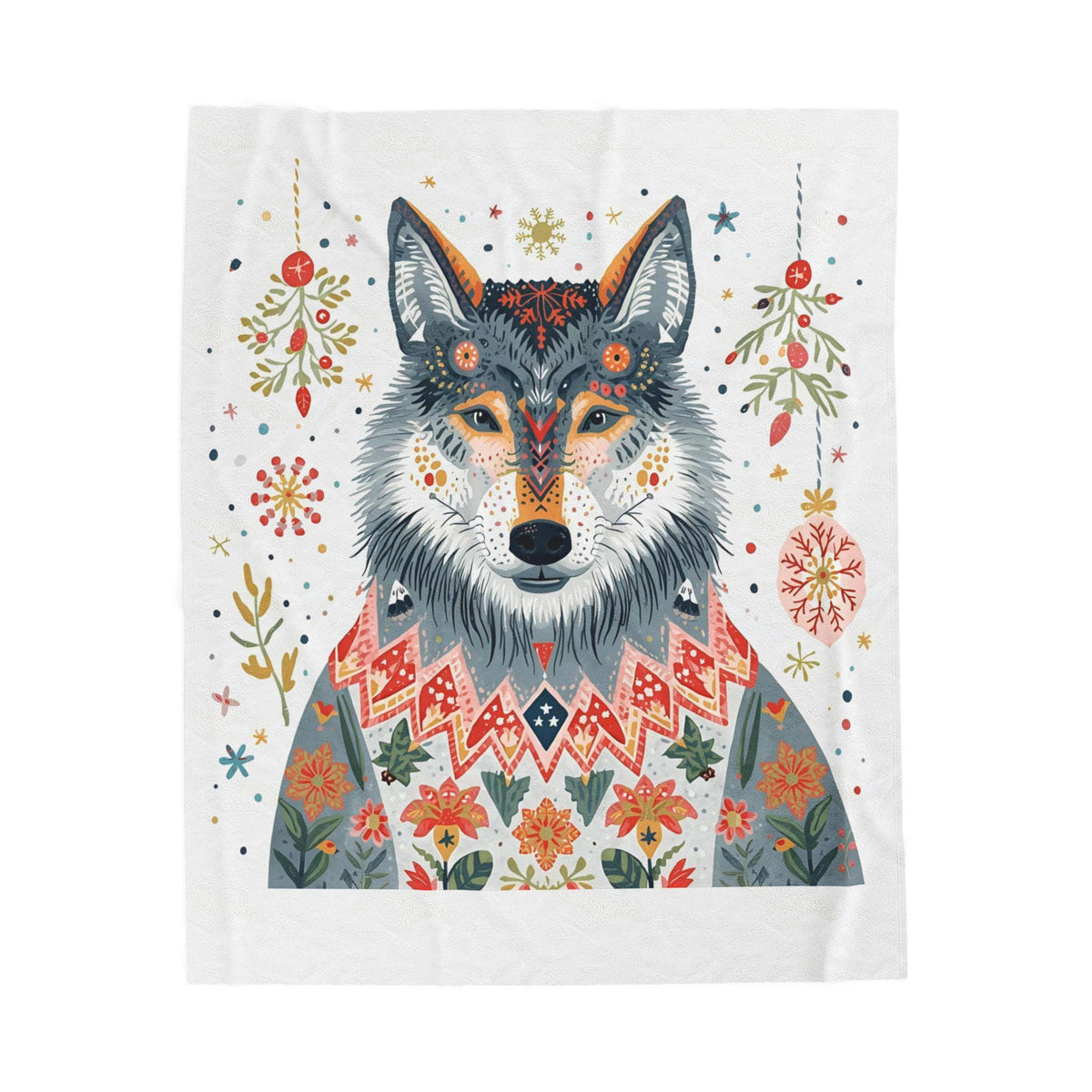 Whimsical Holiday Wolf Sherpa Fleece Blanket | Cozy Winter Throw | Soft Plush Christmas Blanket| Cute Wolf in Sweater | Festive Home Decor