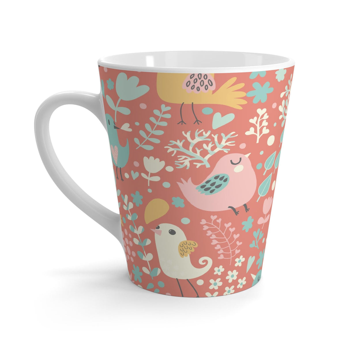 Whimsical Pink Bird Latte Mug - Bird and HeartThemed 12 oz Mug, Cute Gift for Bird Lovers, Floral Art Mug, Coffee Lover Gift