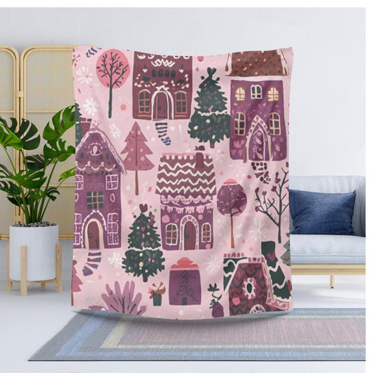 Whimsical Pink Gingerbread House Sherpa Fleece Blanket | Cozy Christmas Throw | Soft Plush Blanket Gift | Sweet Holiday Decor