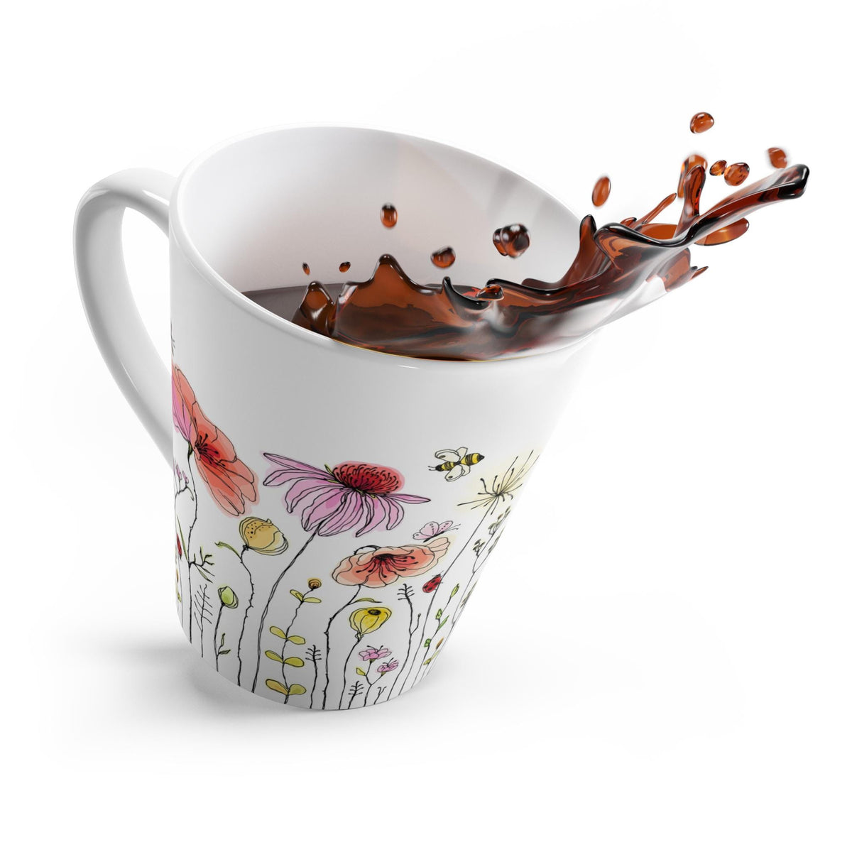 Floral Latte Mug with Bumblebees & Butterflies | Coffee Cup, Tea Mug, Gift for Garden Lovers, Mother's Day Gift, Hand-Illustrated Design