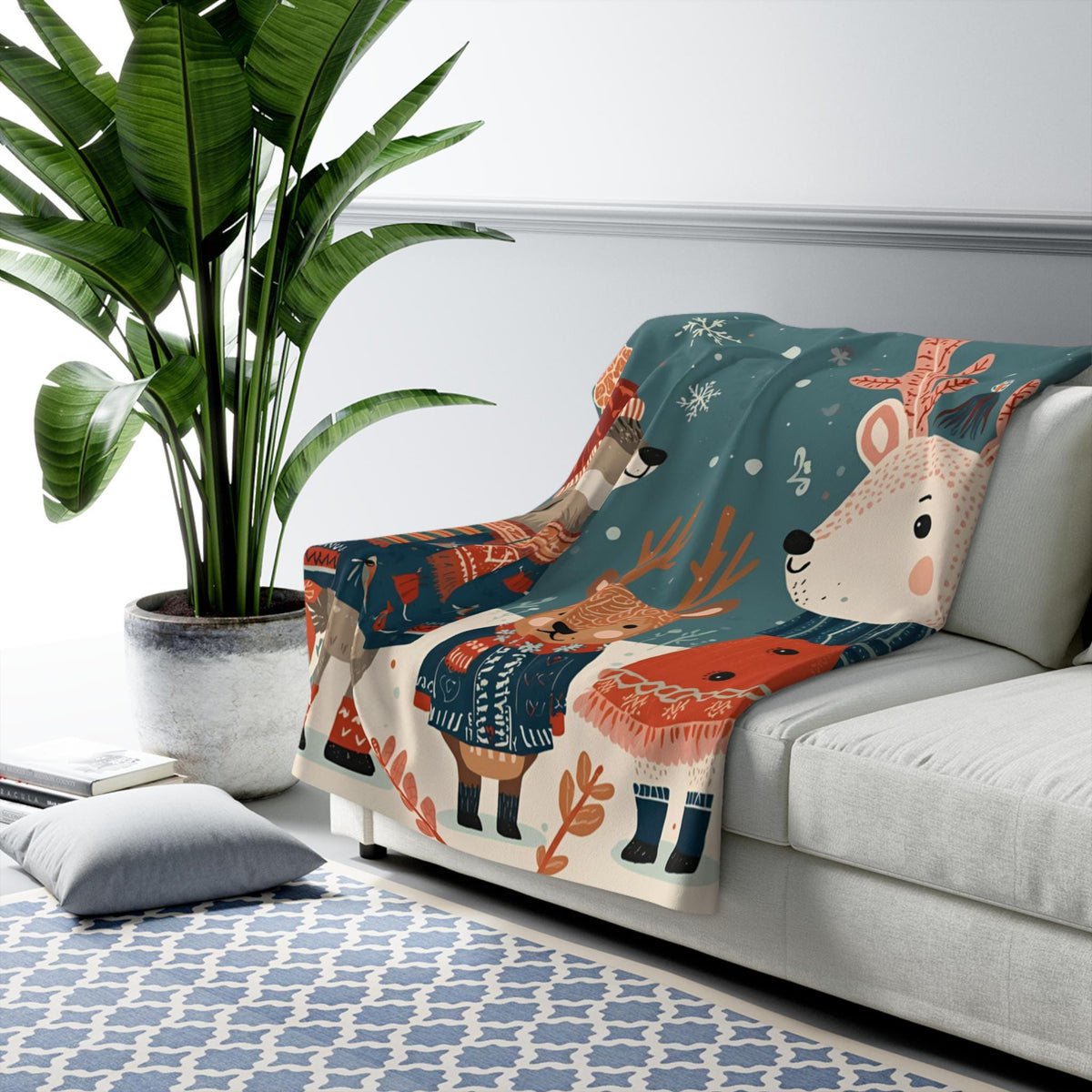 Whimsical Winter Animals Sherpa Fleece Blanket | Cozy Snow Scene Throw | Cute Dog Squirrel & Deer | Soft Plush Blanket