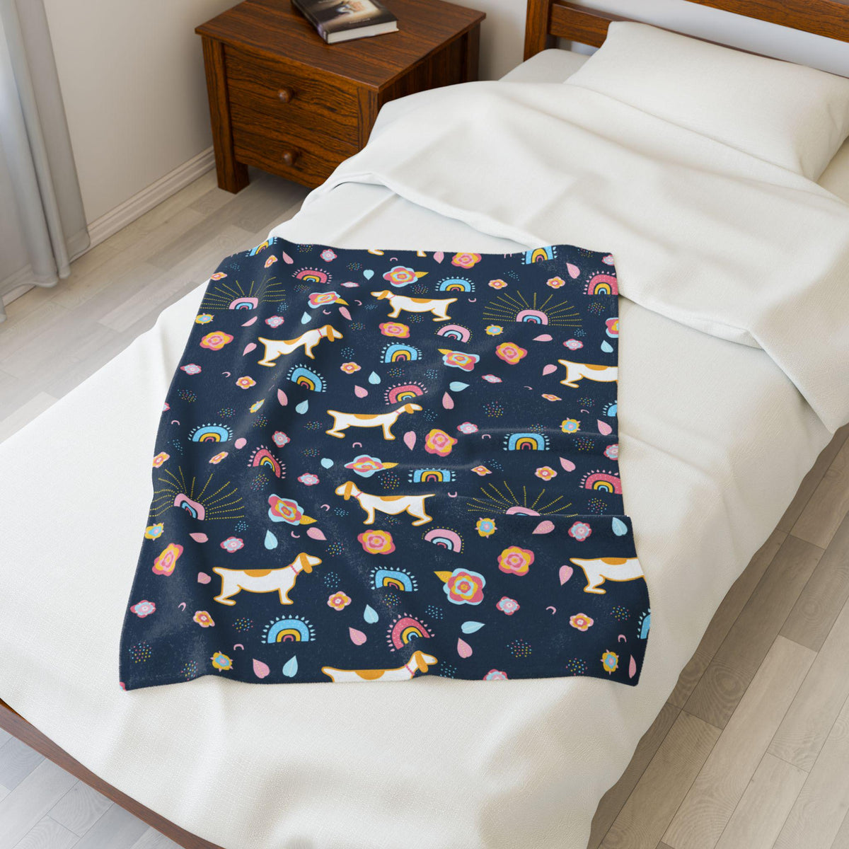 Whimsical Dog & Rainbow Velveteen Plush Blanket | Colorful Navy Blue Throw | Playful Home Decor | Warm Fleece
