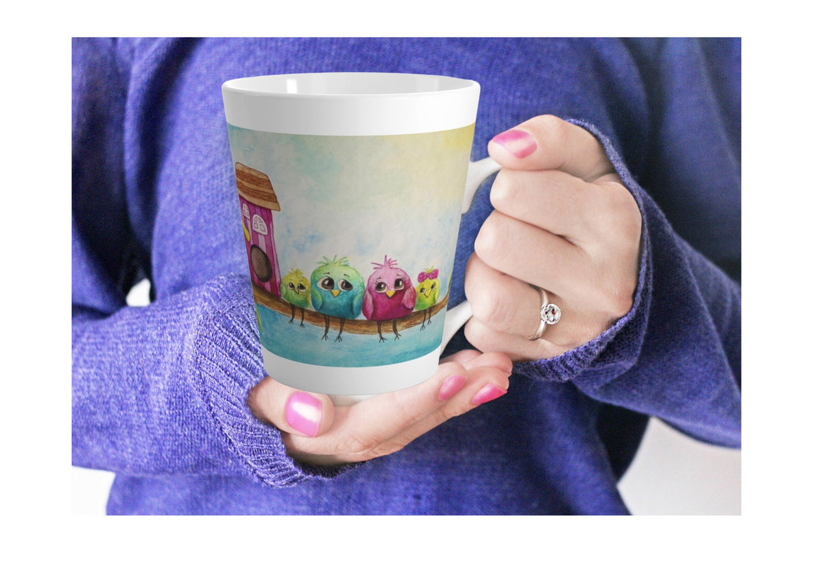 Colorful Birdhouse Latte Mug, 12oz Ceramic Mug, Bright Coffee Cup Gift for Bird Lovers and Nature Fans, Gift for Coffee or Tea Lovers