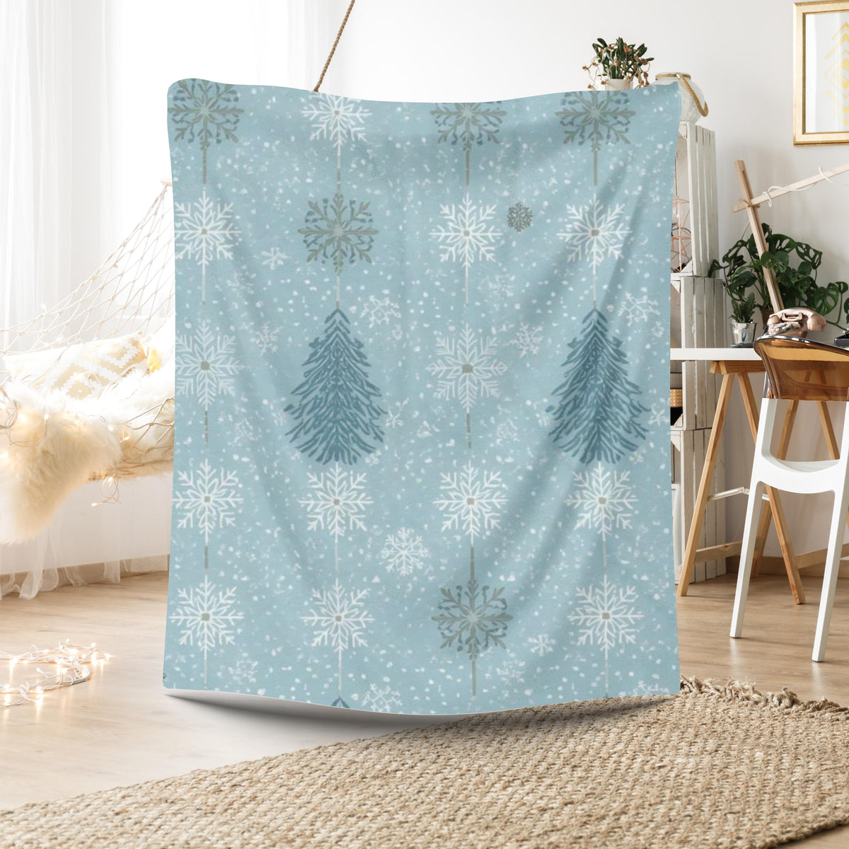 Snowflakes & Pine Trees Velveteen Plush Blanket | Calming Blue Winter Throw | Soft Cozy Blanket Gift for Her | Peaceful Holiday Home Decor