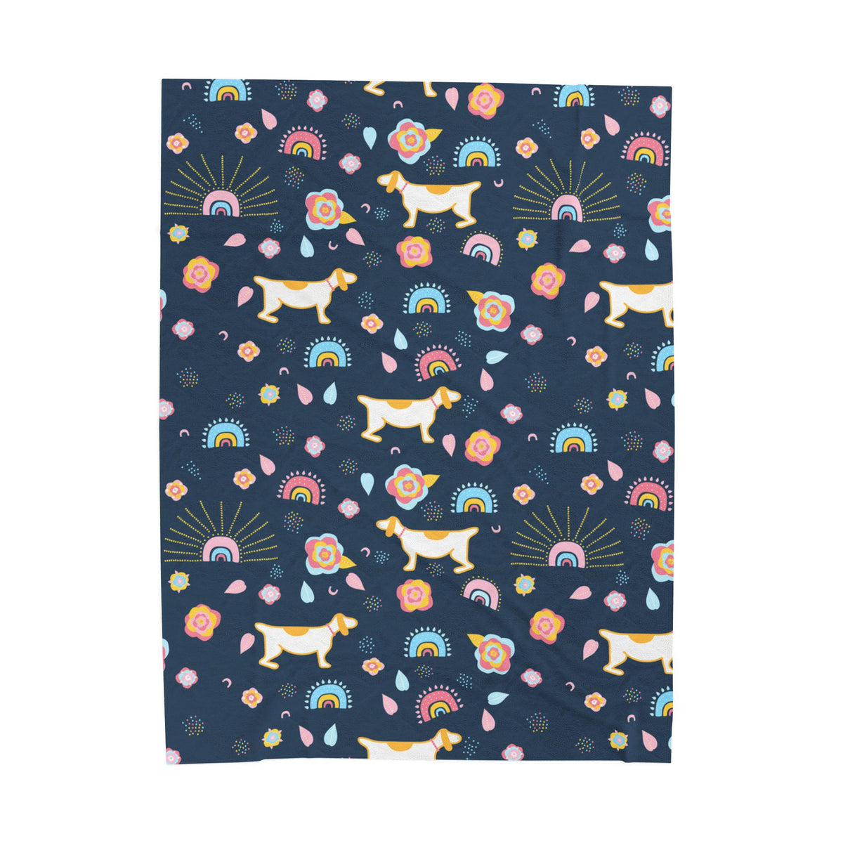 Whimsical Dog & Rainbow Velveteen Plush Blanket | Colorful Navy Blue Throw | Playful Home Decor | Warm Fleece