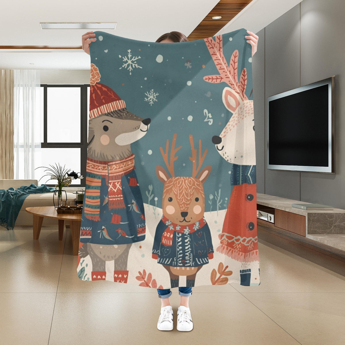 Whimsical Winter Animals Sherpa Fleece Blanket | Cozy Snow Scene Throw | Cute Dog Squirrel & Deer | Soft Plush Blanket